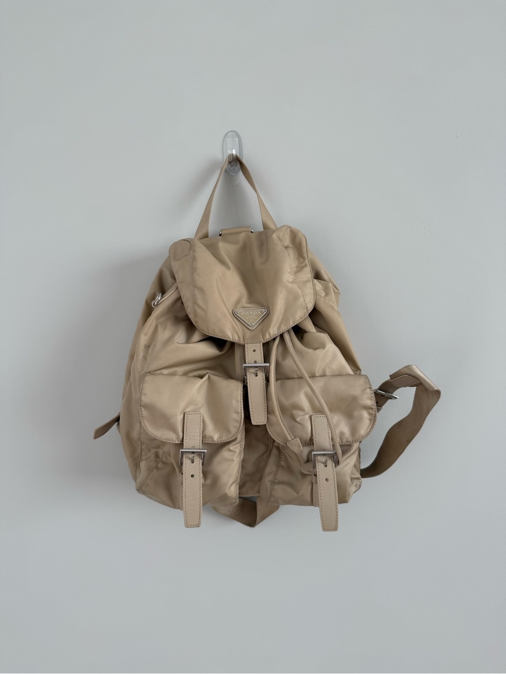 Prada Beige Nylon Backpack with Front Pockets